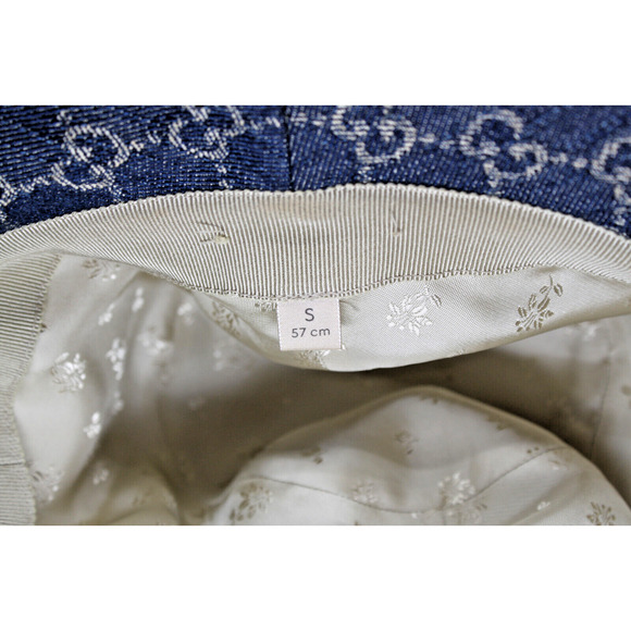 F0 Auth GUCCI Navy Denim Leather Brim LOGO Bucket Hat 576371 $580 Size S - Picture 5 of 5